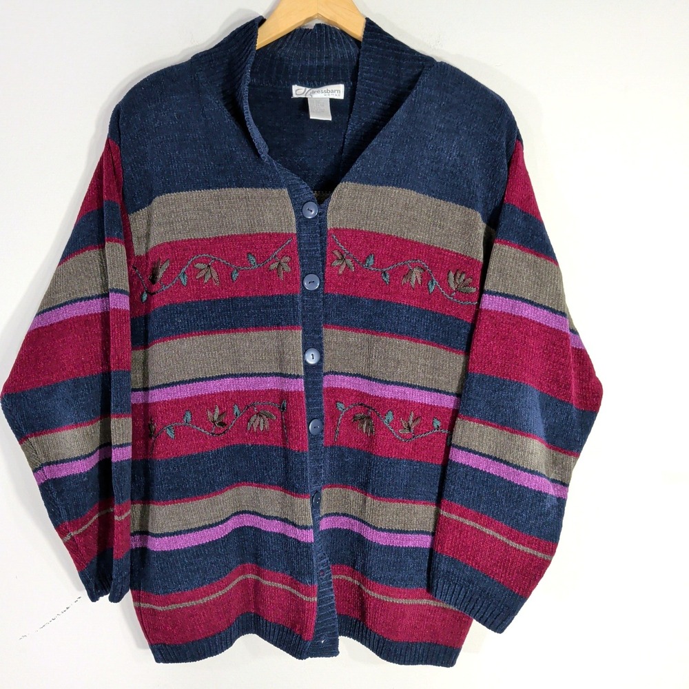 Grandmacore Vintage Knit Cardigan; Striped Embroidered Chenille Button Front